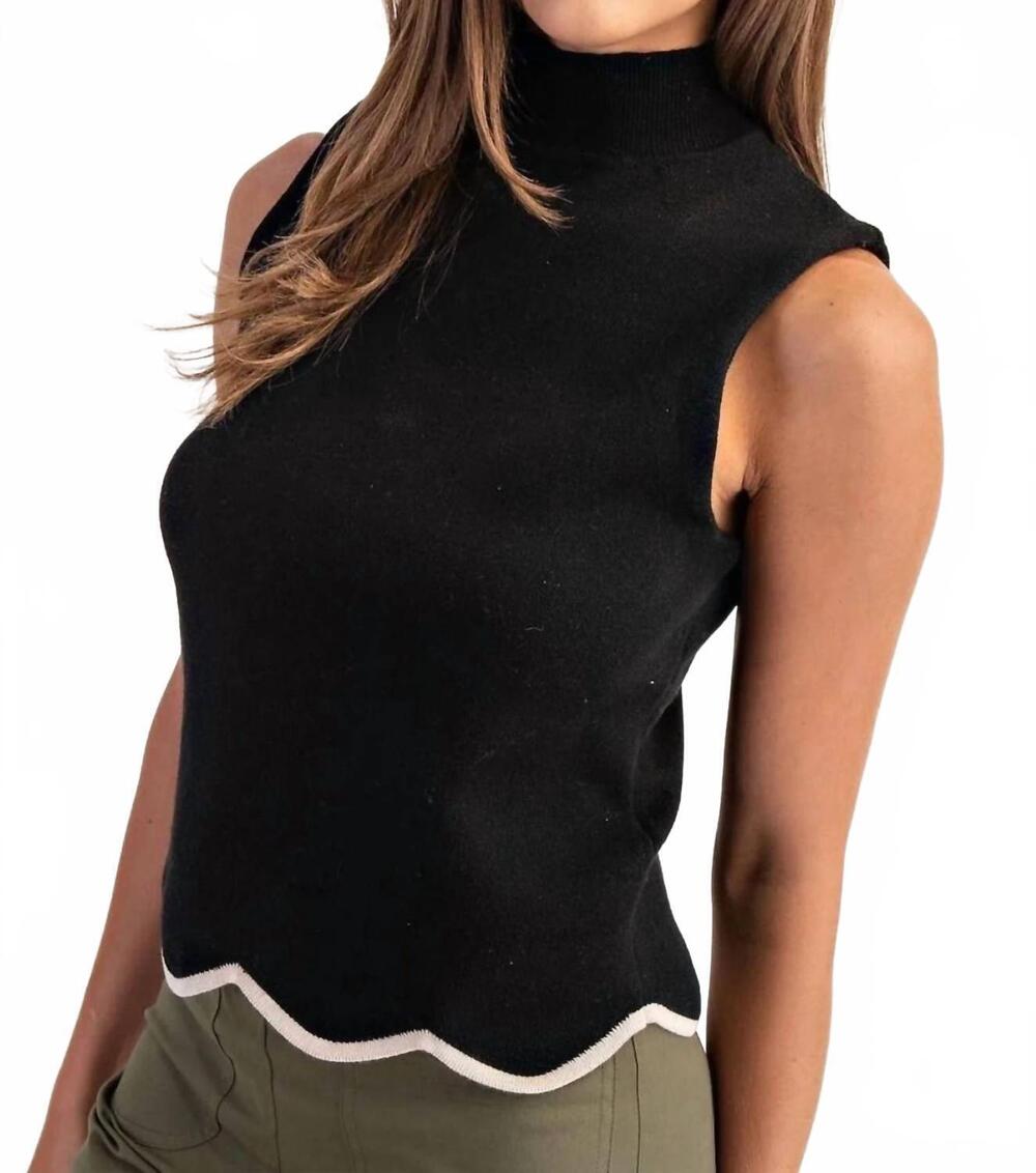 NEW EE:SOME women's contrasting scallop hem sleeveless knit top in black